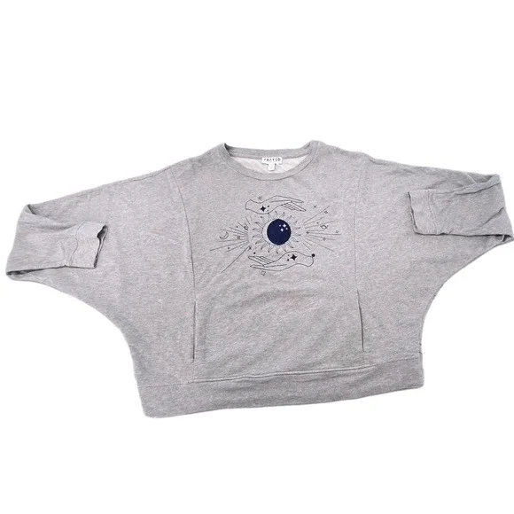 Frayed Jeans l XL Cleo Celestial Sun Moon Drop Shoulder Dolman Pocket Sweatshirt - Picture 2 of 11